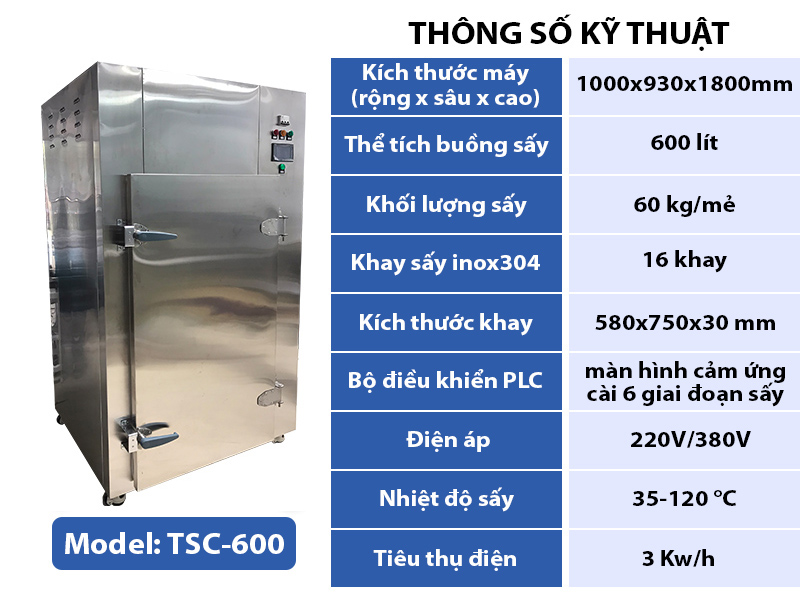 Thông số kỹ thuật máy sấy hoa quả công nghiệp TSC-600