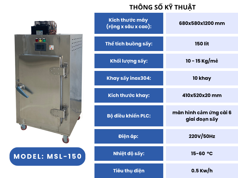 Thông số máy sấy lạnh 10kg MSL-150 Đông Nam